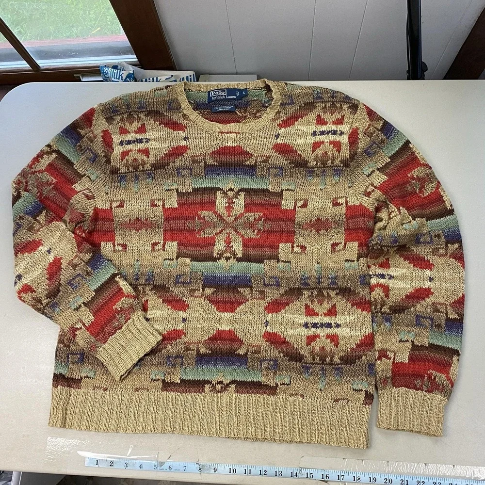 VTG Polo Ralph Lauren Hand Knit Southwestern Sweater Mens L Linen Silk Cotton